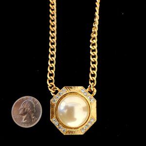Shiny Vintage Roman Style 24" Necklace Faux Pearl & Rhinestone Octagon Pendant